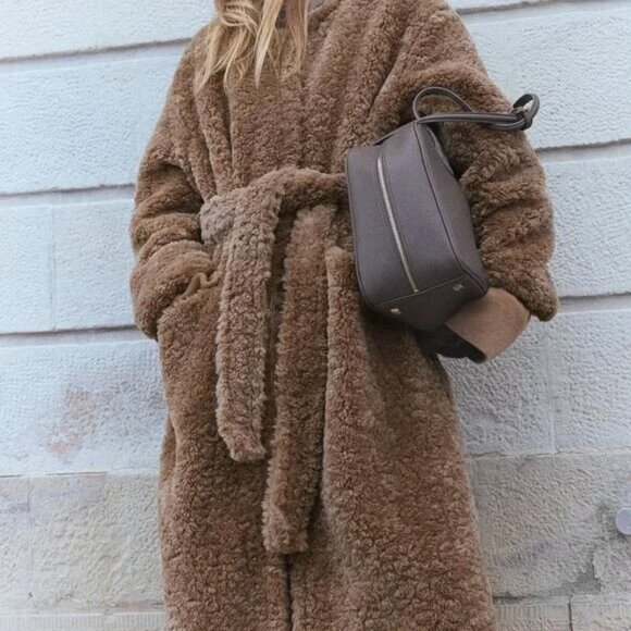 Faux Fur Fluffy Tie-Belt Coat NWT Very Dark Brown - Picture 5 of 5